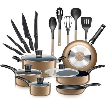 Serenelife Kitchenware Pots & Pans Set - Basic Kitchen Cookware, Black Non-Stick Coating Inside, Heat Resistant SLCW20GLD